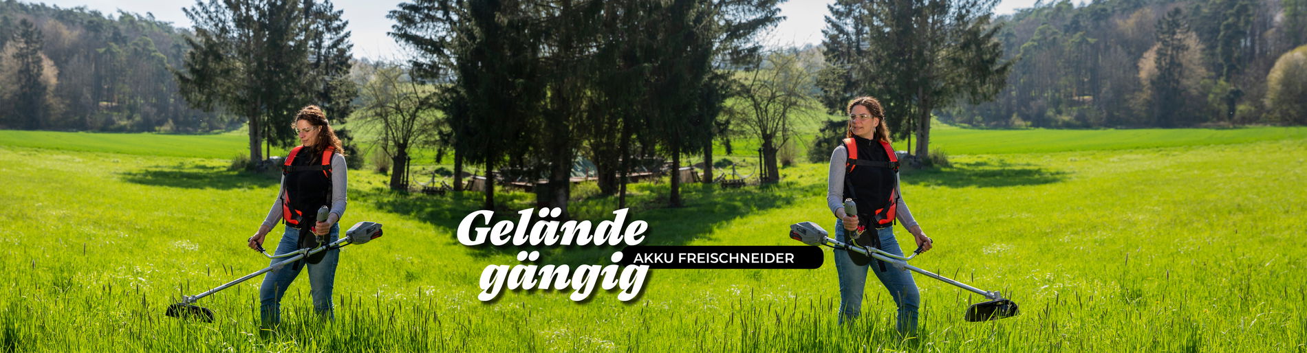 Frau steht  mit Freischneider auf einer großen Wiese